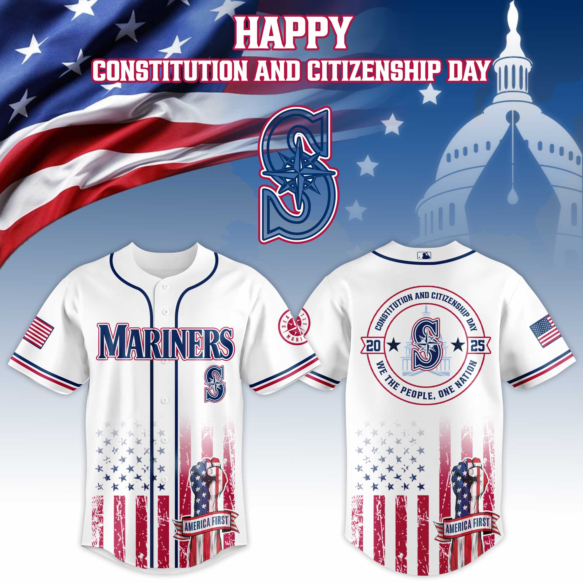 Seattle Mariners Mlb X Usa Happy Constitution And Citizenship Day Custom Baseball Jersey