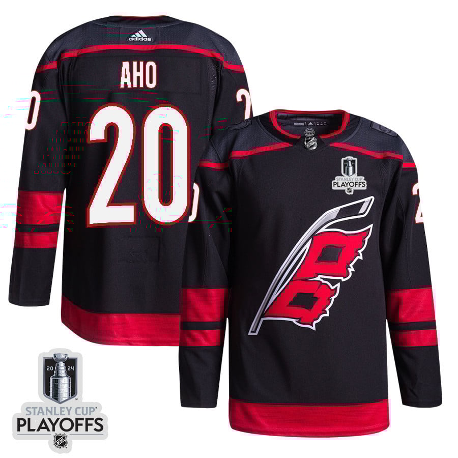 Sebastian Aho 20 Carolina Hurricanes 2024 NHL Playoffs Patch Home Hockey Jersey - Men, Black - JS469 