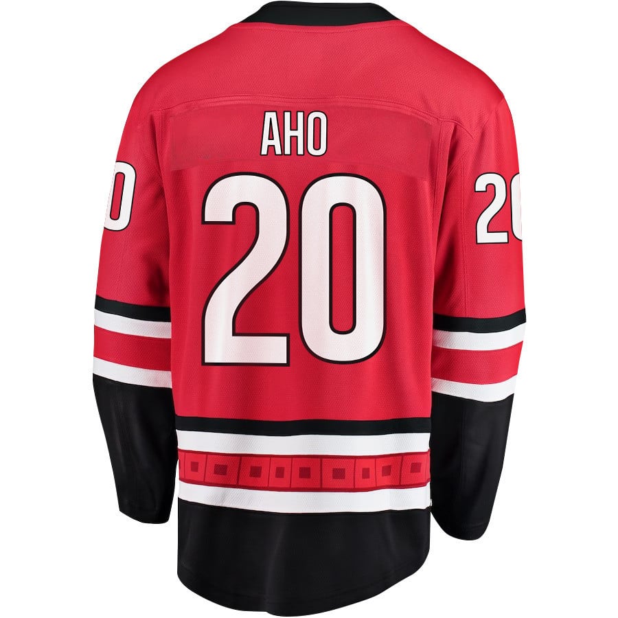 Alternative view of Sebastian Aho 20 Carolina Hurricanes Stanley Cup 2023 Playoffs Patch Home Breakaway Men Hockey Jersey - Red - JS646 