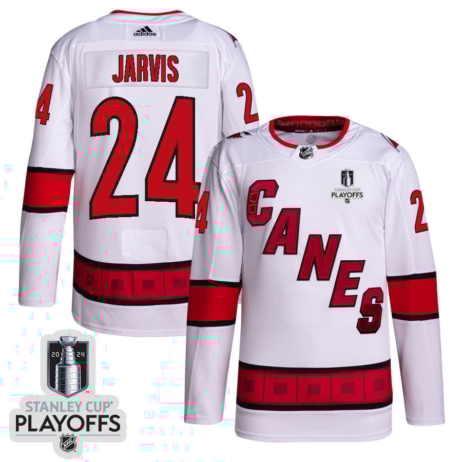 Seth Jarvis 24 Carolina Hurricanes 2024 NHL Playoffs Patch Away Hockey Jersey - Men, White - JS332 
