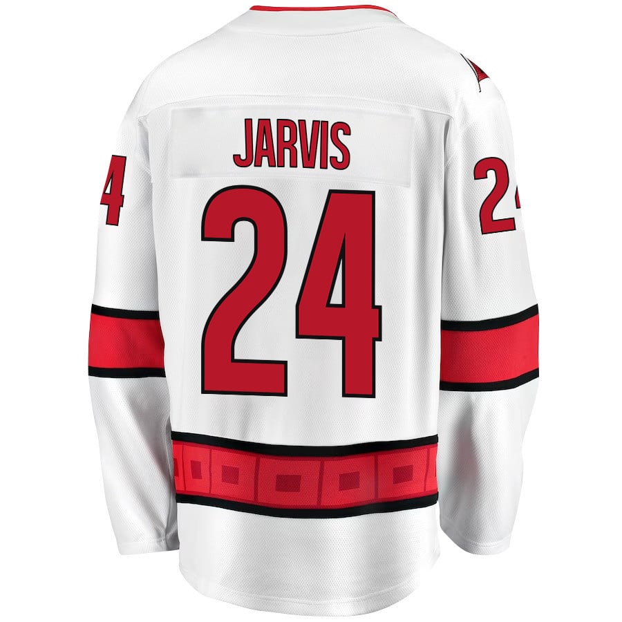 Alternative view of Seth Jarvis 24 Carolina Hurricanes Stanley Cup 2023 Playoffs Patch Away Breakaway Men Hockey Jersey - White - JS379 
