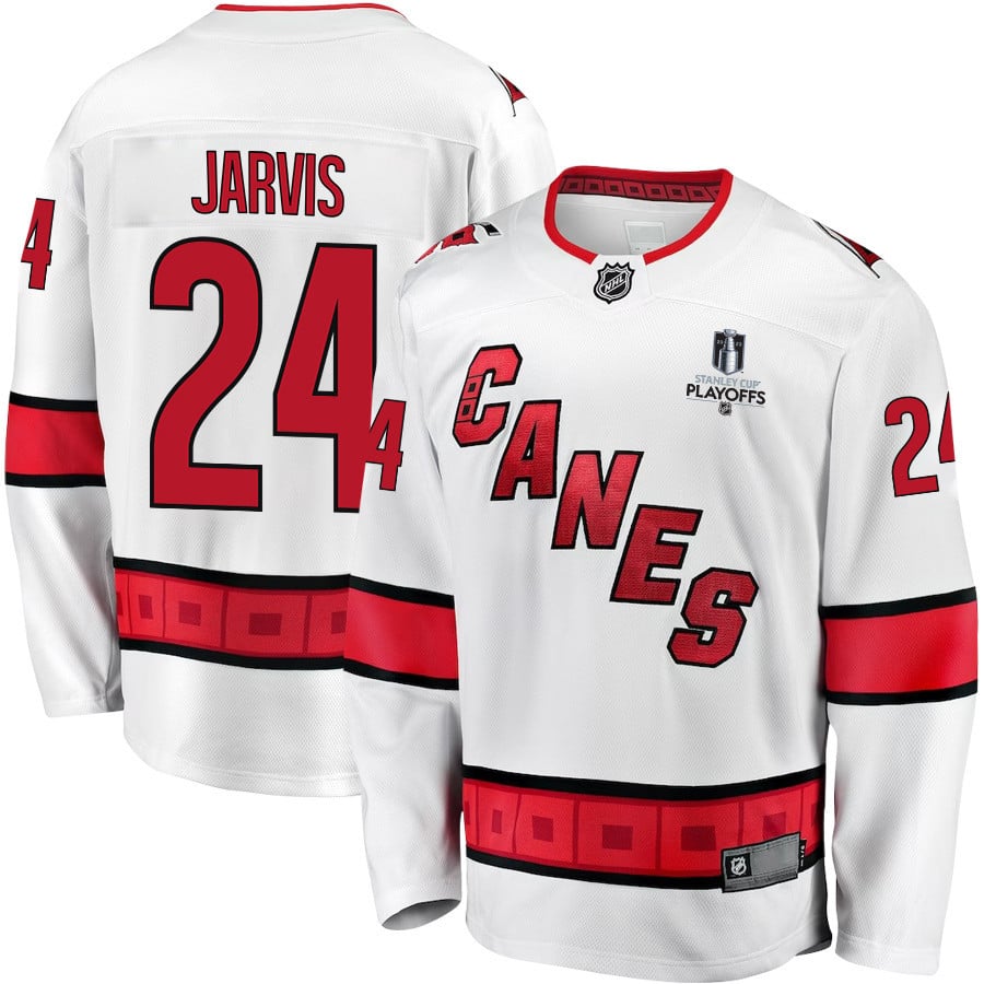 Seth Jarvis 24 Carolina Hurricanes Stanley Cup 2023 Playoffs Patch Away Breakaway Men Hockey Jersey - White - JS379 