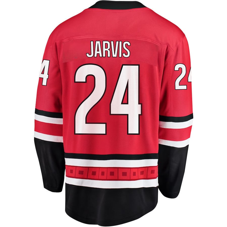 Alternative view of Seth Jarvis 24 Carolina Hurricanes Stanley Cup 2023 Playoffs Patch Home Breakaway Men Hockey Jersey - Red - JS594 