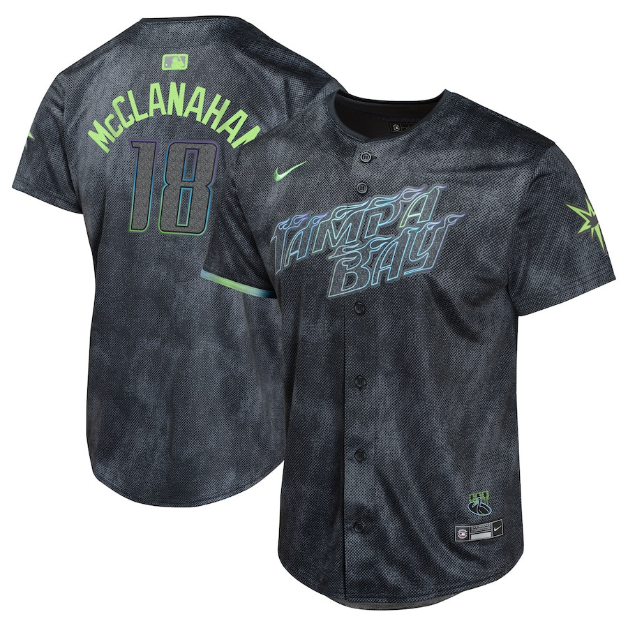 Shane McClanahan 18 Tampa Bay Rays 2024 City Connect Limited YOUTH Baseball Jersey - Charcoal - JS940 