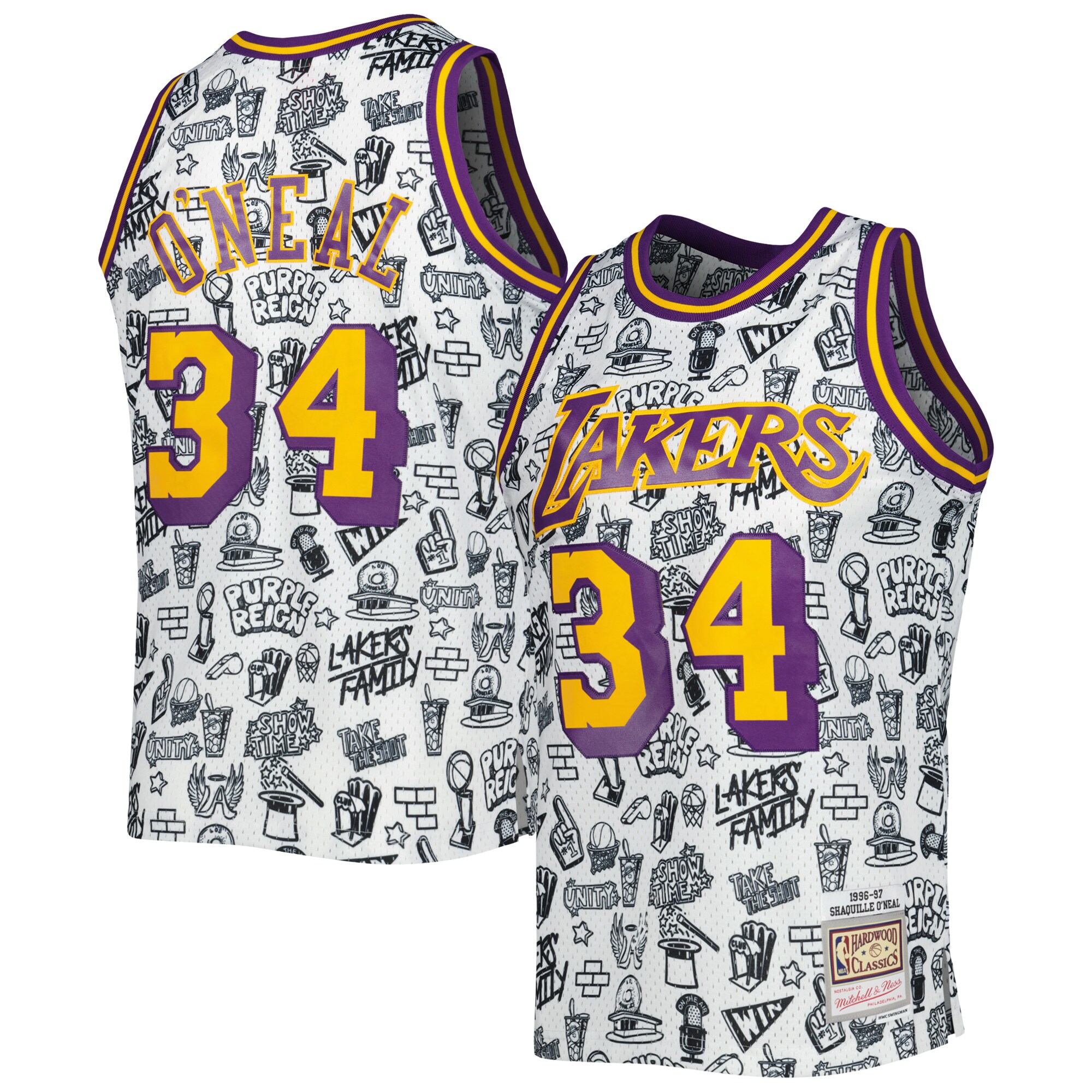 Shaquille O'neal Los Angeles Lakers Mitchell & Ness 1996/97 Hardwood Classics Doodle Swingman Basketball Jersey - White