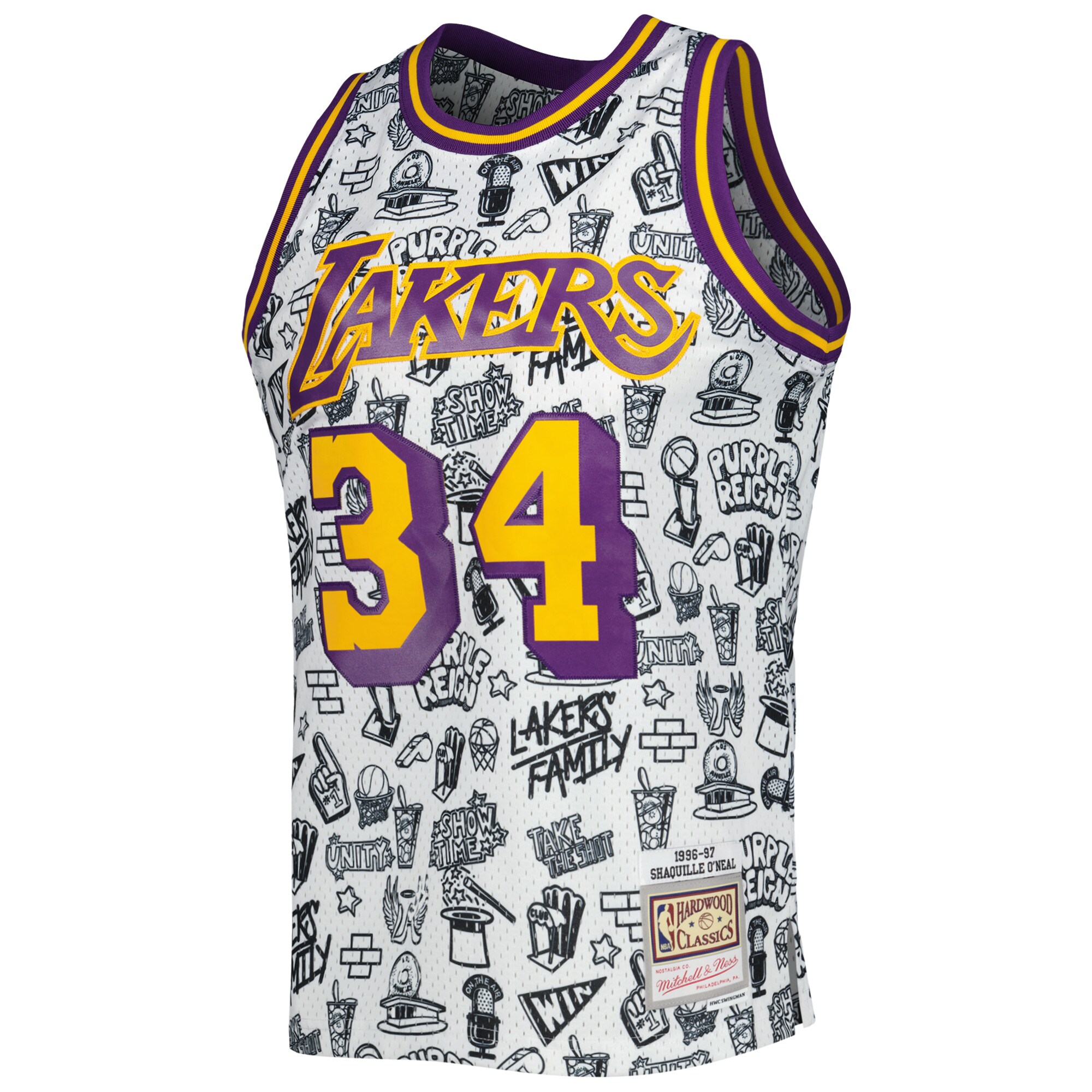 Alternative view of Shaquille O'neal Los Angeles Lakers Mitchell & Ness 1996/97 Hardwood Classics Doodle Swingman Basketball Jersey - White