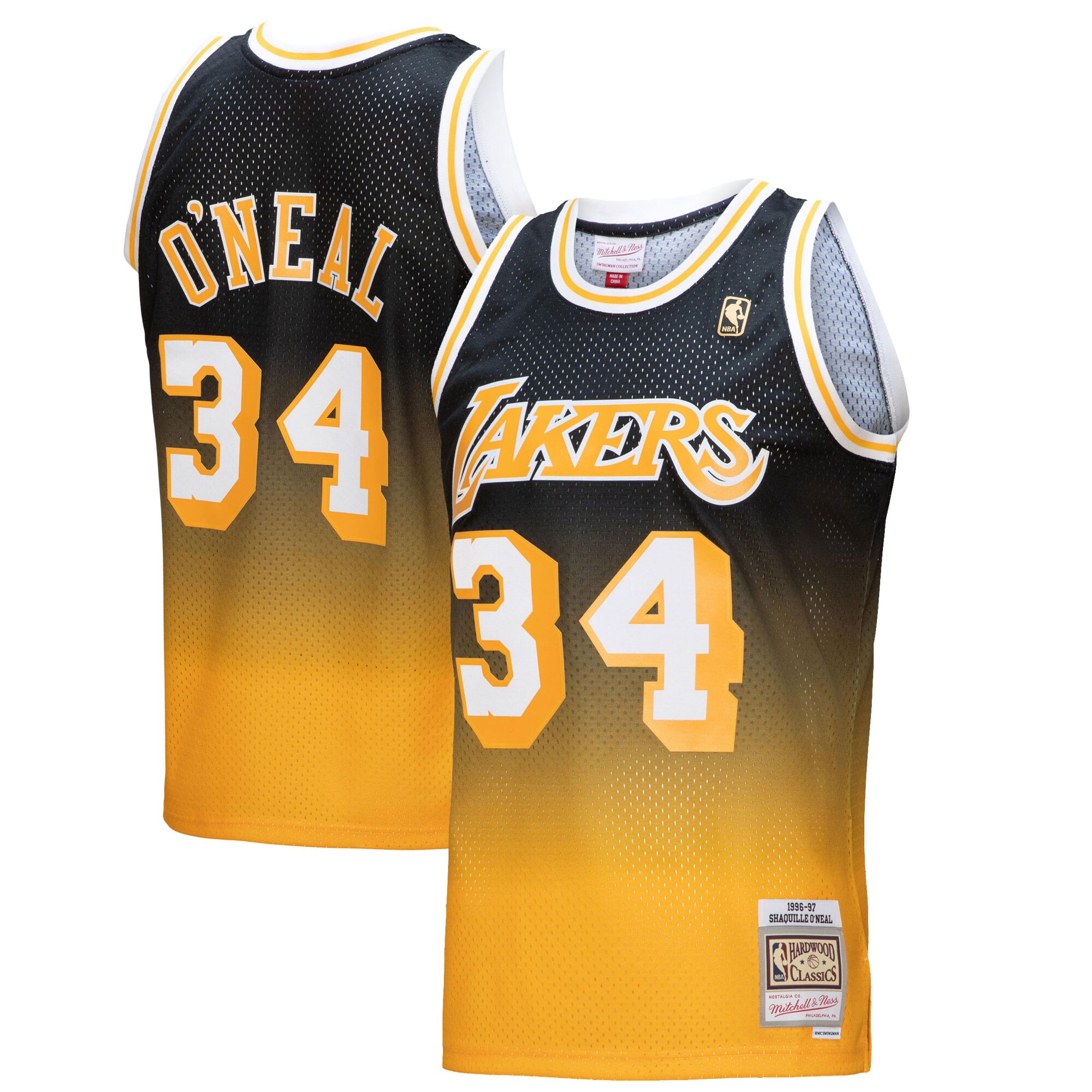 Alternative view of Shaquille O'neal Los Angeles Lakers Mitchell & Ness 1996/97 Hardwood Classics Fadeaway Swingman Player Basketball Jersey - Gold/black