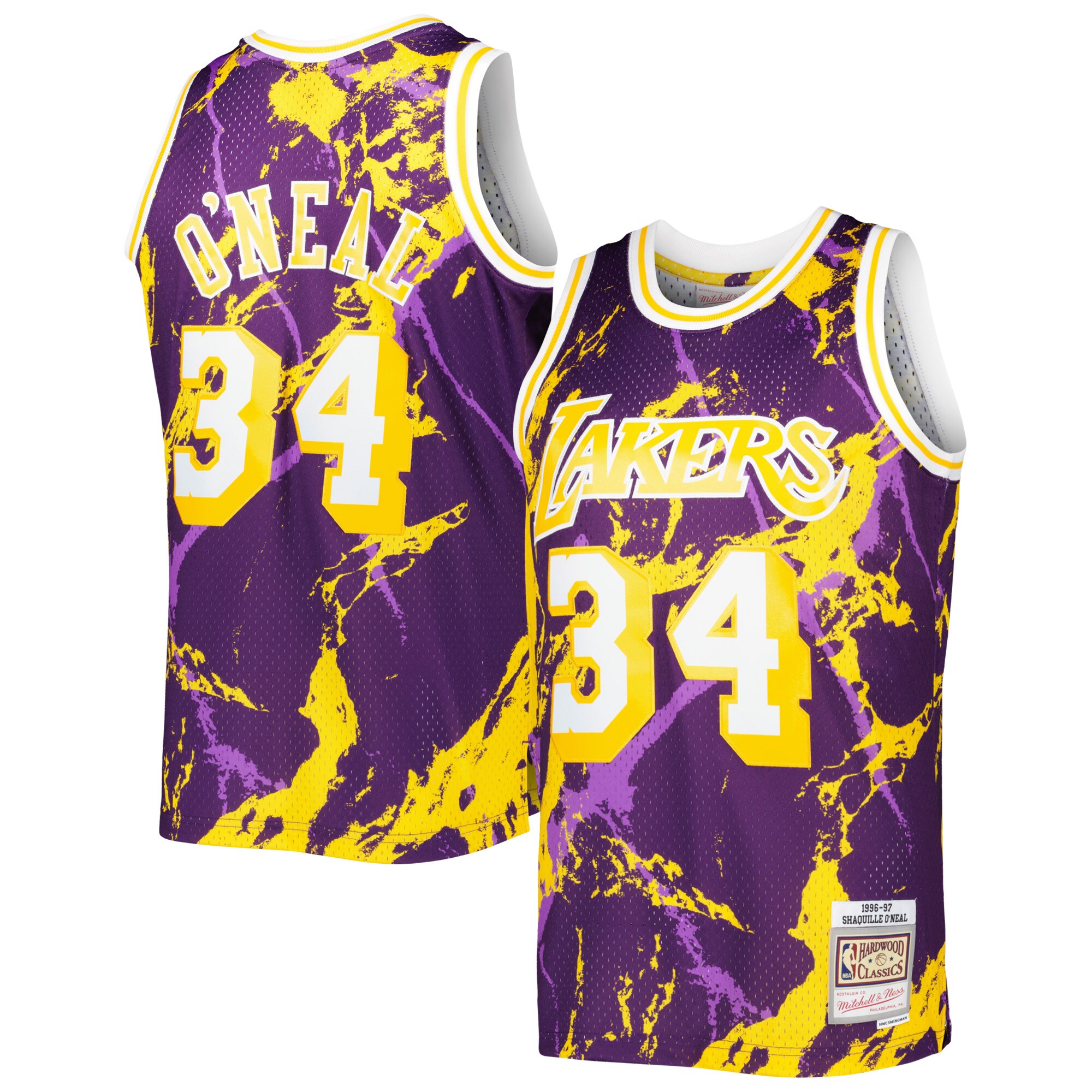 Alternative view of Shaquille O'neal Los Angeles Lakers Mitchell & Ness 1996/97 Hardwood Classics Marble Swingman Basketball Jersey - Purple