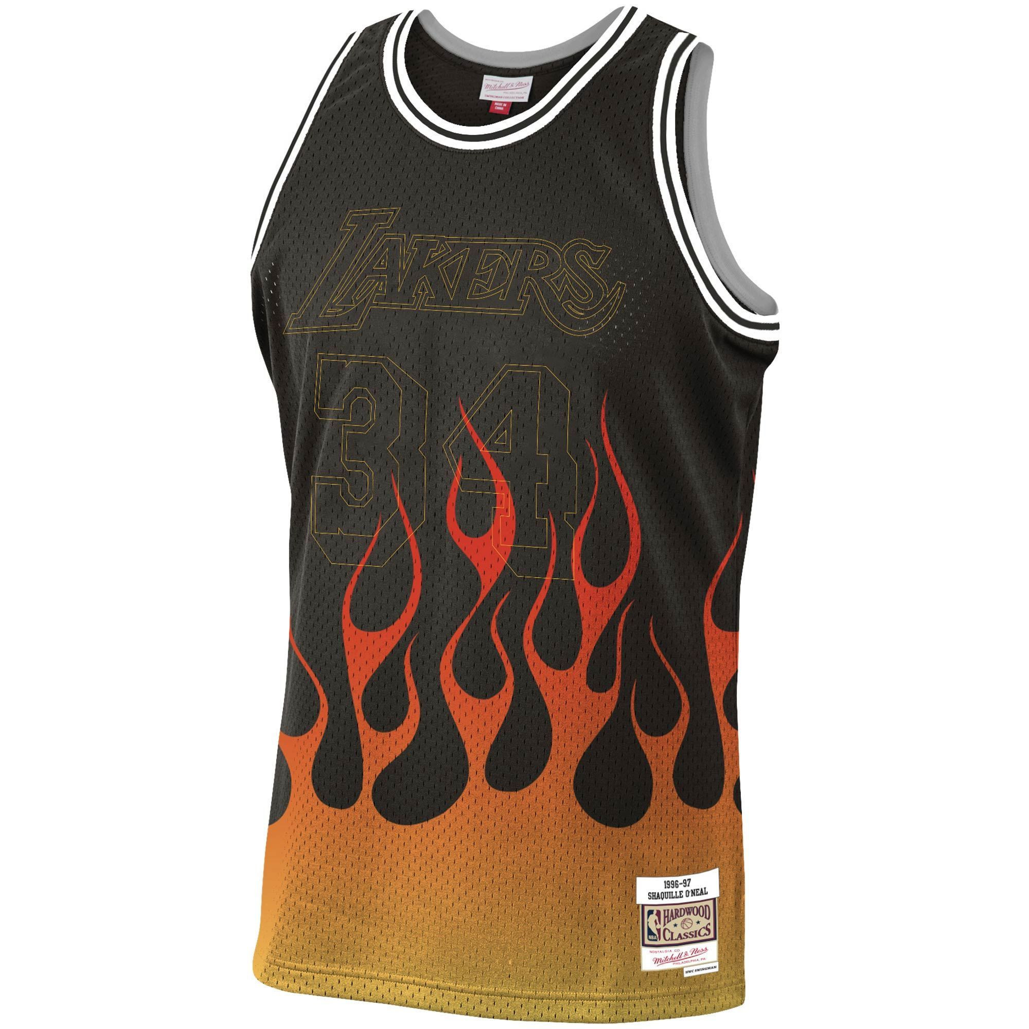 Alternative view of Shaquille O'neal Los Angeles Lakers Mitchell & Ness 1996-97 Hardwood Classics Flames Swingman Basketball Jersey – Black - JS822 