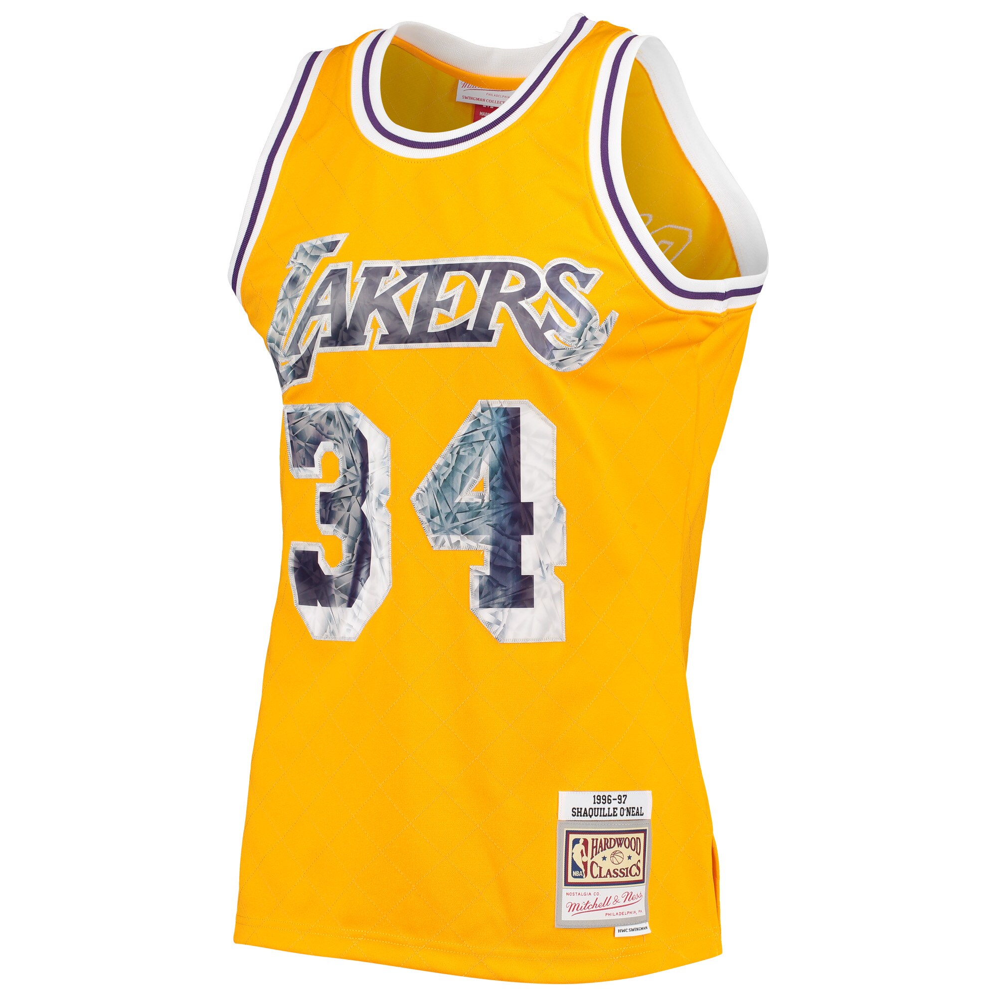 Alternative view of Shaquille O'neal Los Angeles Lakers Mitchell & Ness 1996-97 Hardwood Classics Nba 75th Anniversary Diamond Swingman Basketball Jersey - Gold