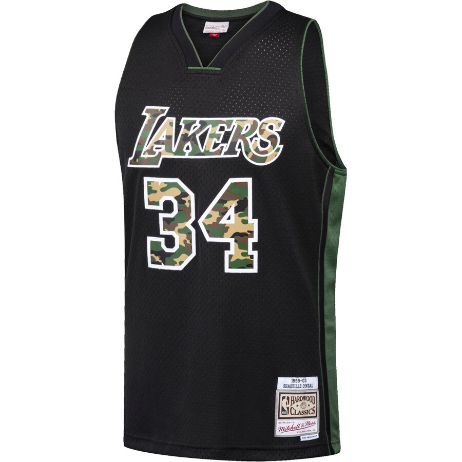 Alternative view of Shaquille O'neal Los Angeles Lakers Mitchell & Ness Straight Fire Camo Swingman Basketball Jersey - Black
