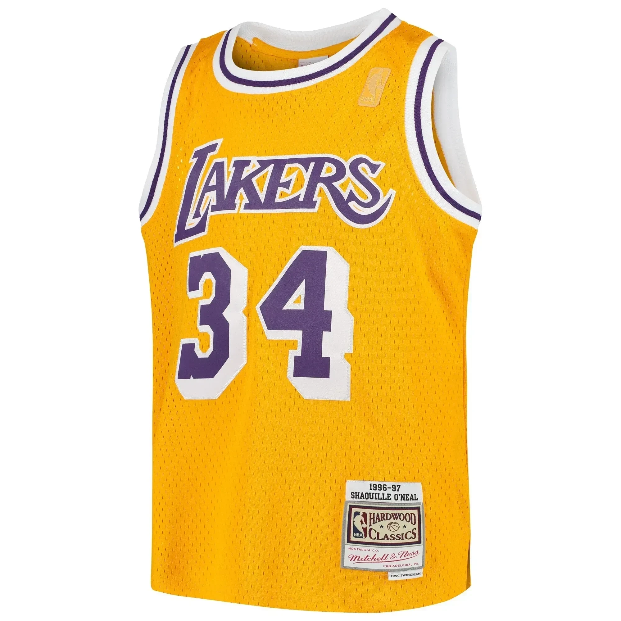 Alternative view of Shaquille O'neal Los Angeles Lakers Mitchell & Ness Youth Swingman Throwback Basketball Jersey - Gold - JS138 