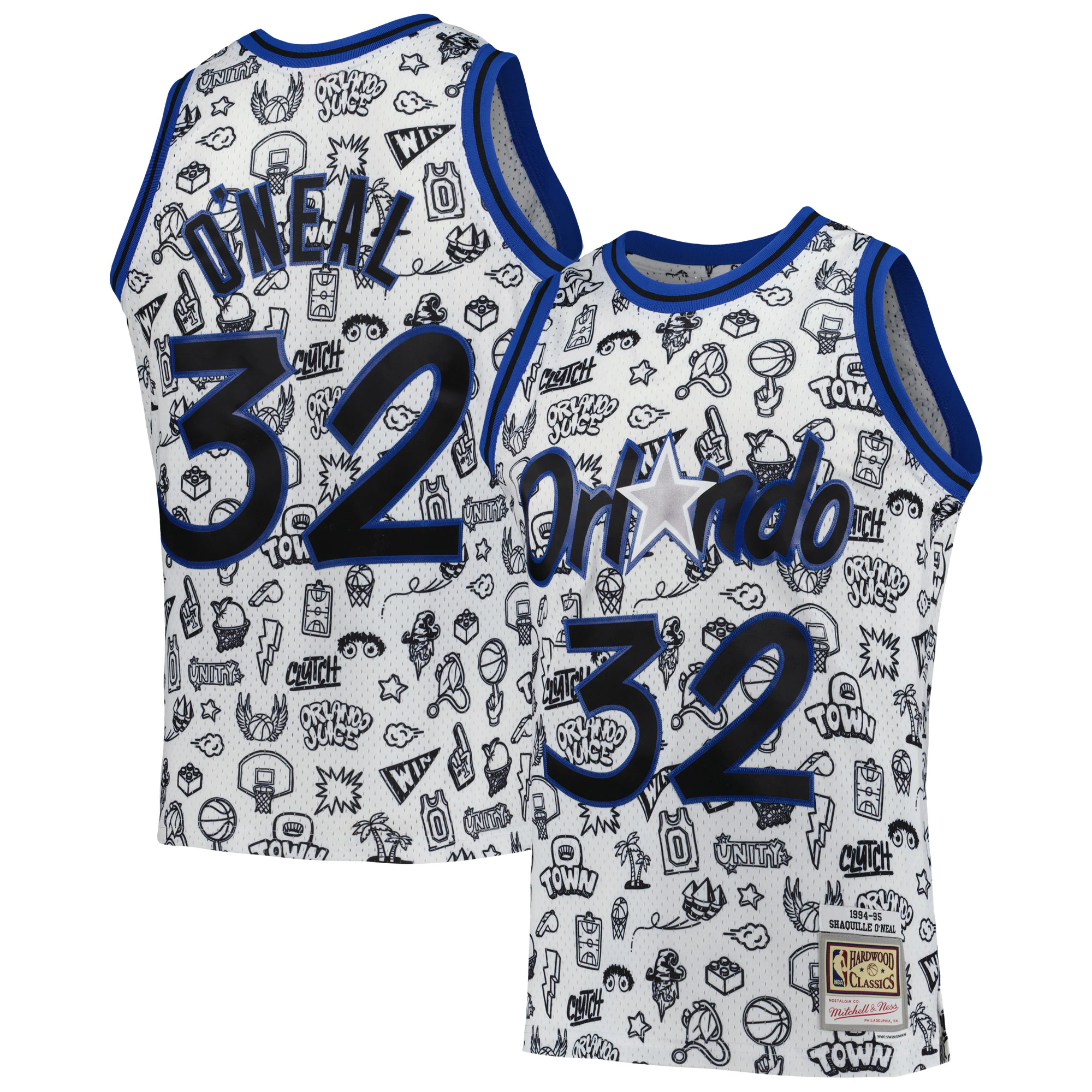Shaquille O'neal Orlando Magic Mitchell & Ness 1994/95 Hardwood Classics Doodle Swingman Player Basketball Jersey - White