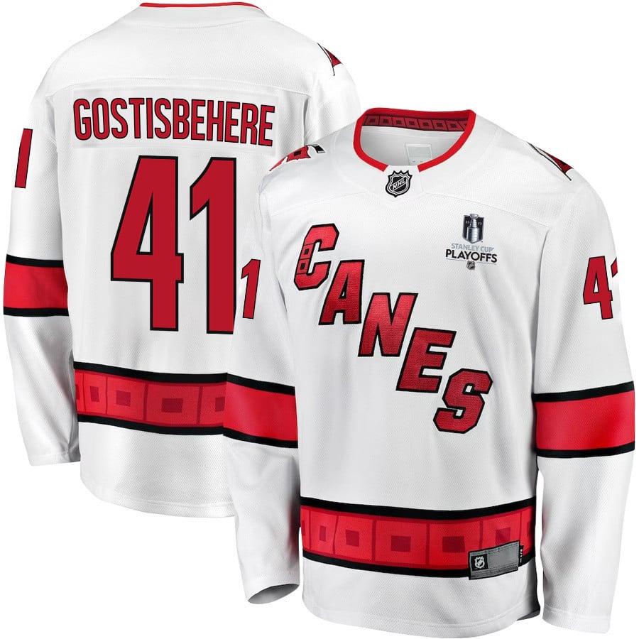 Shayne Gostisbehere 41 Carolina Hurricanes Stanley Cup 2023 Playoffs Patch Away Breakaway Men Hockey Jersey - White - JS337 