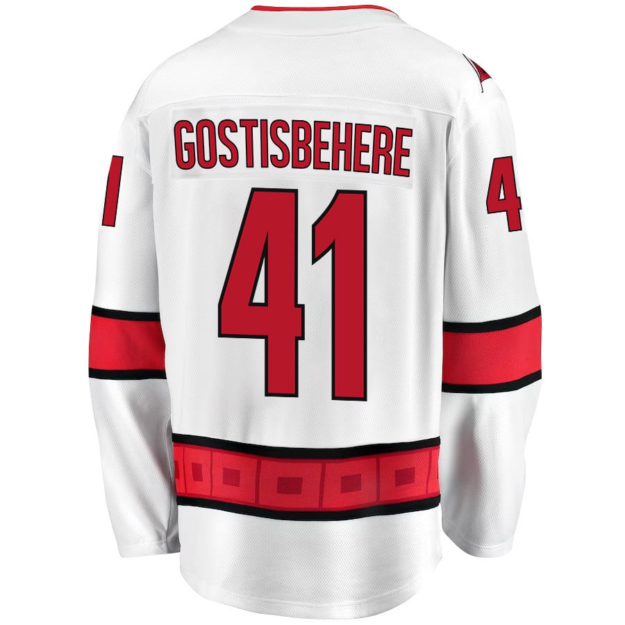 Alternative view of Shayne Gostisbehere 41 Carolina Hurricanes Stanley Cup 2023 Playoffs Patch Away Breakaway Men Hockey Jersey - White - JS337 