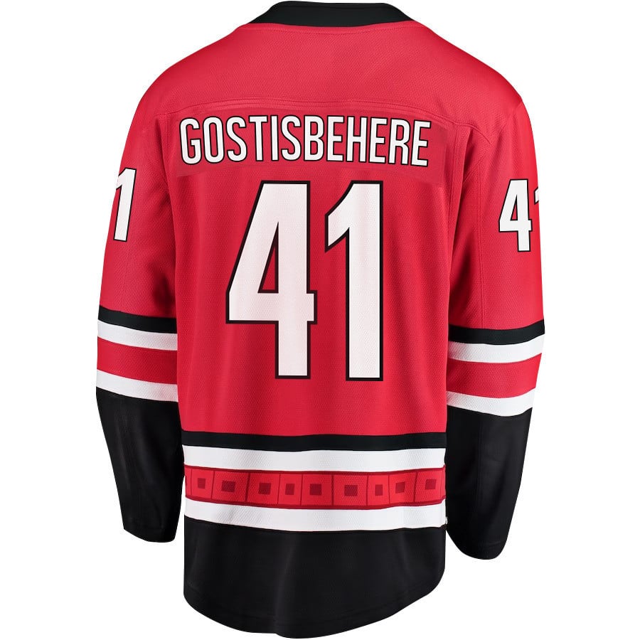 Alternative view of Shayne Gostisbehere 41 Carolina Hurricanes Stanley Cup 2023 Playoffs Patch Home Breakaway Men Hockey Jersey - Red - JS599 