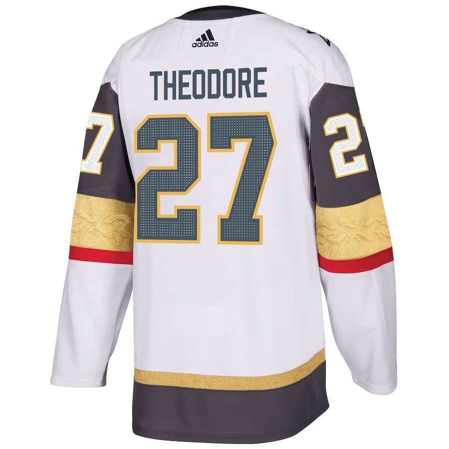 Alternative view of Shea Theodore 27 Vegas Golden Knights Stanley Cup 2023 Champions Patch Away Breakaway Men Hockey Jersey - White - JS391 