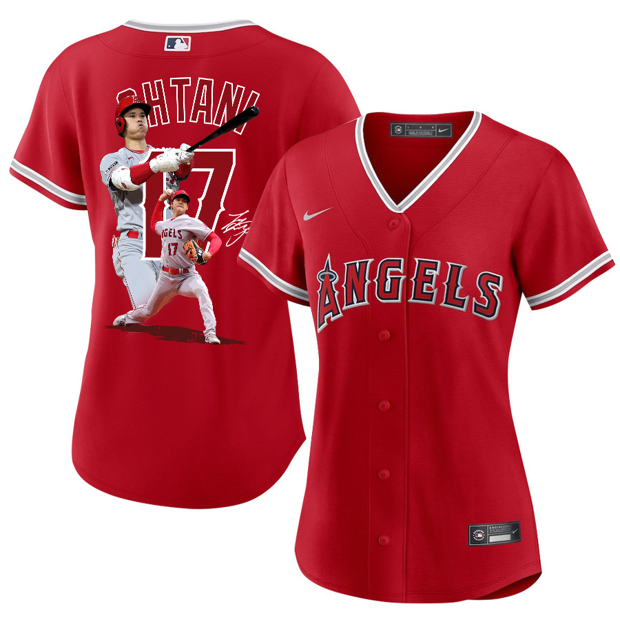 Shohei Ohtani 17 Los Angeles Angels Signed Decisive Blow 2023 Alternate Women Baseball Jersey - Red 