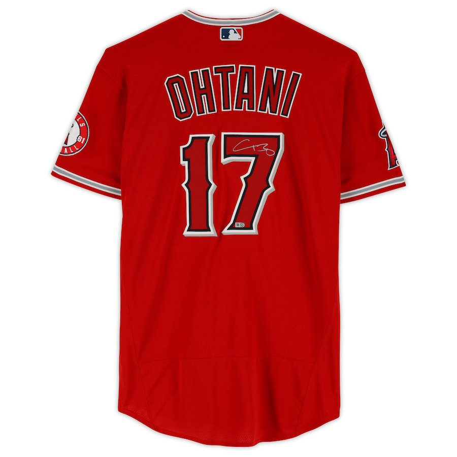 Alternative view of Shohei Ohtani 17 Los Angeles Angels Signed Baseball Jersey - Red 