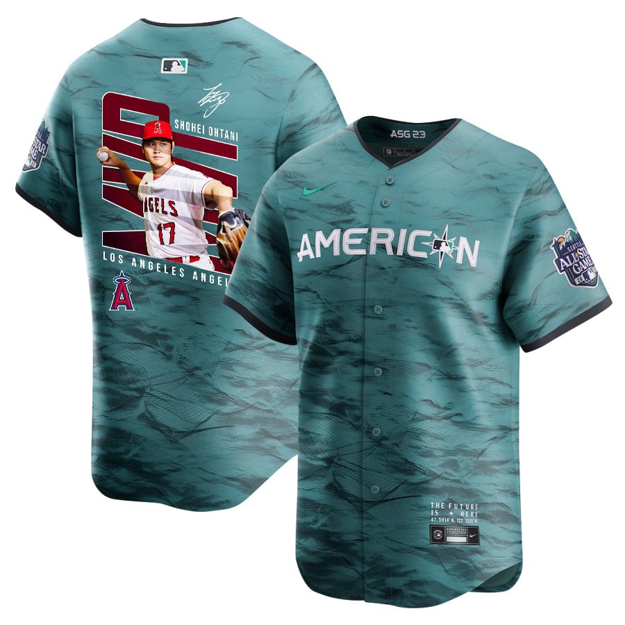 Shohei Ohtani 17 Los Angeles Angels Signed Logo 2023 All-Star Game Limited Player Men Baseball Jersey - Teal 