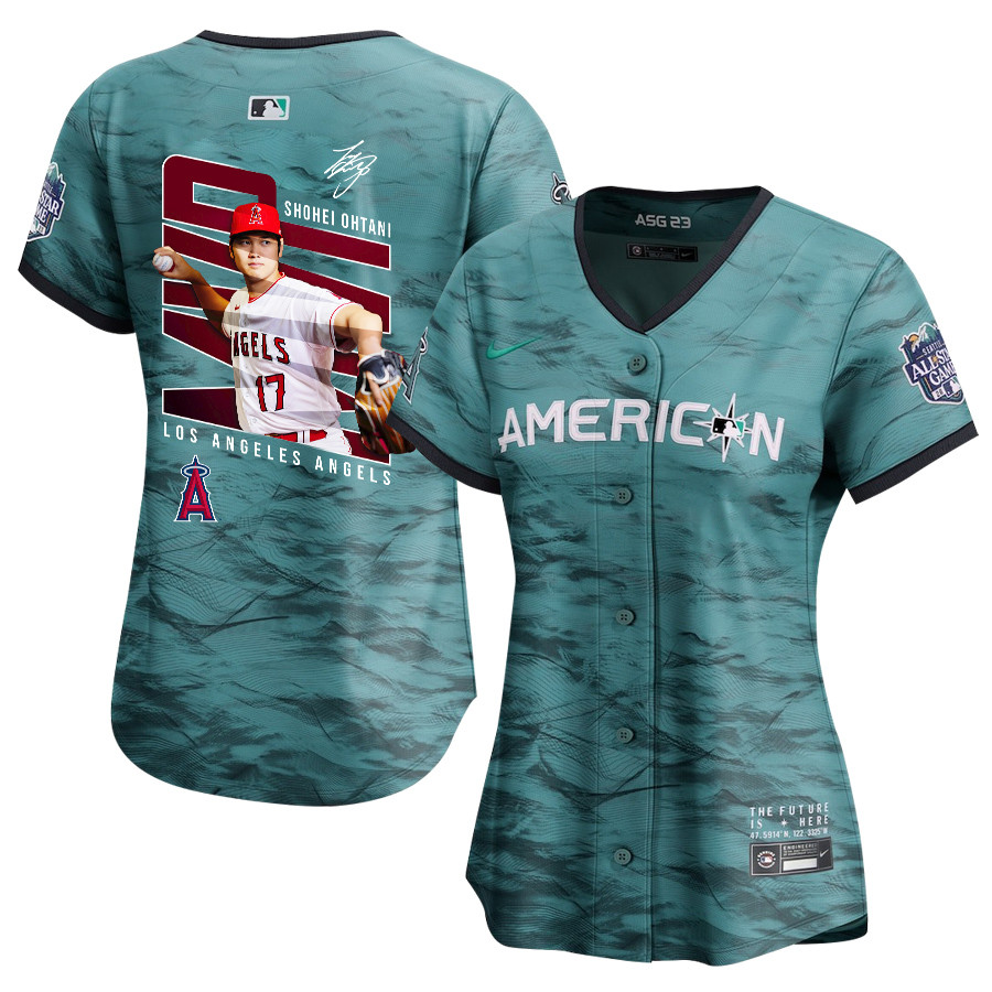 Shohei Ohtani 17 Los Angeles Angels Signed Logo 2023 All-Star Game Limited Player Women Baseball Jersey - Teal 