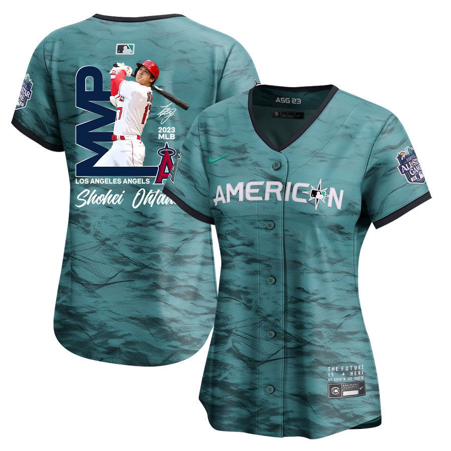 Shohei Ohtani 17 Los Angeles Angels Signed MVP 2023 All-Star Game Limited Player Women Baseball Jersey - Teal 