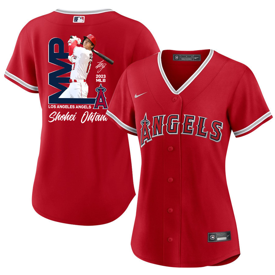 Shohei Ohtani 17 Los Angeles Angels Signed MVP 2023 Alternate Player Women Baseball Jersey - Red 