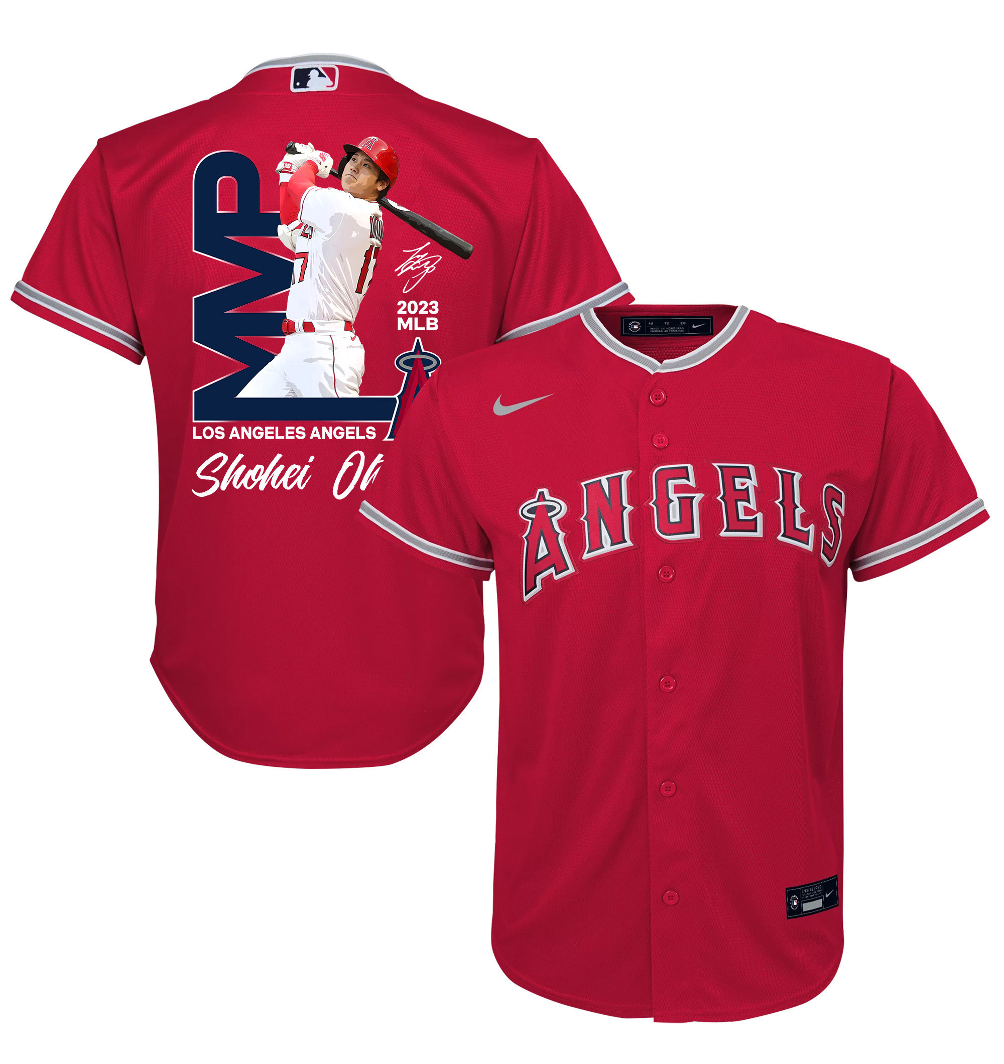 Shohei Ohtani 17 Los Angeles Angels Signed MVP 2023 Alternate Player YOUTH Baseball Jersey - Red 
