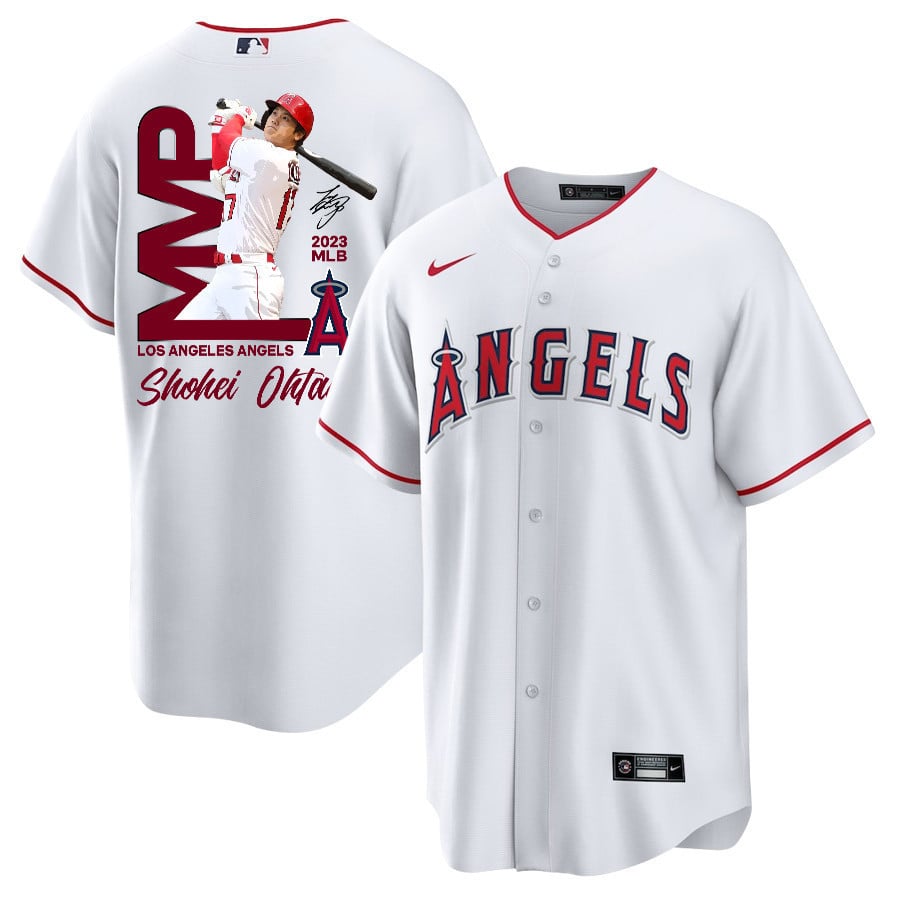 Shohei Ohtani 17 Los Angeles Angels Signed MVP 2023 Home Player Men Baseball Jersey - White 