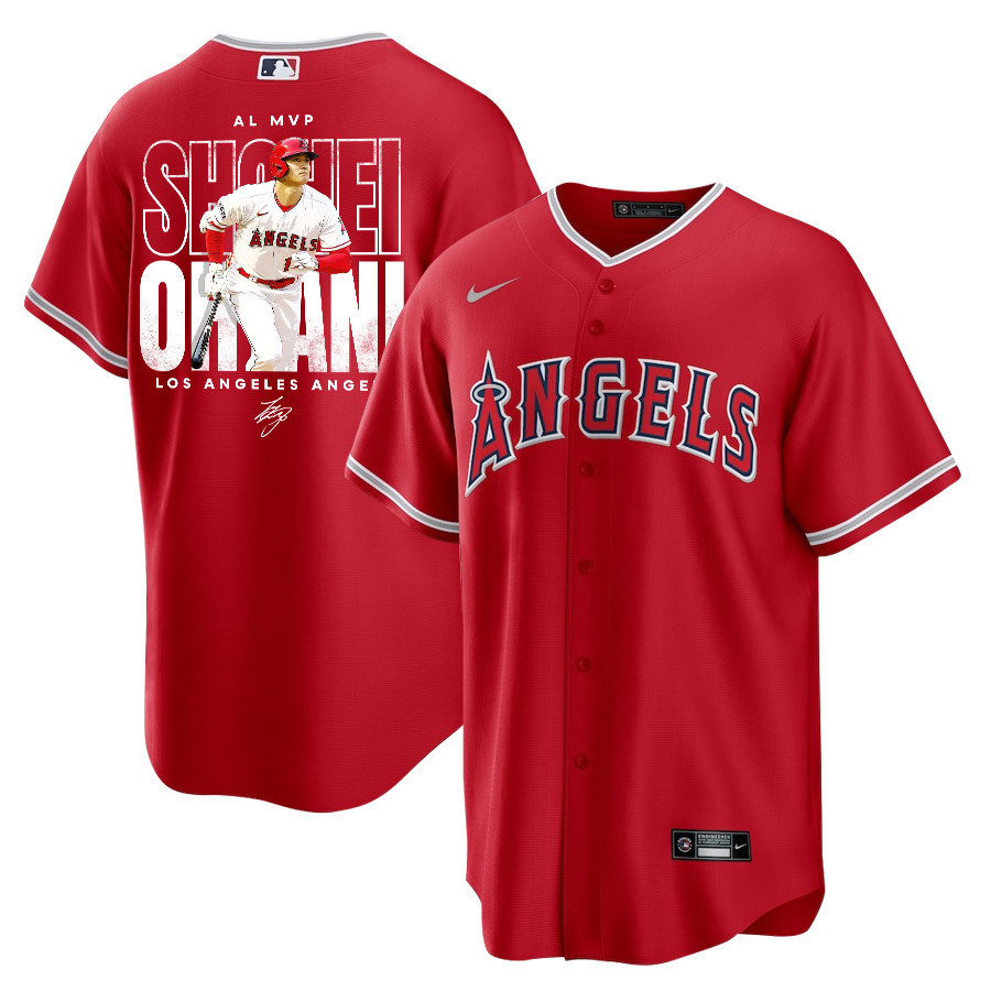 Shohei Ohtani 17 Los Angeles Angels Signed Name 2023 Alternate Player Men Baseball Jersey - Red 
