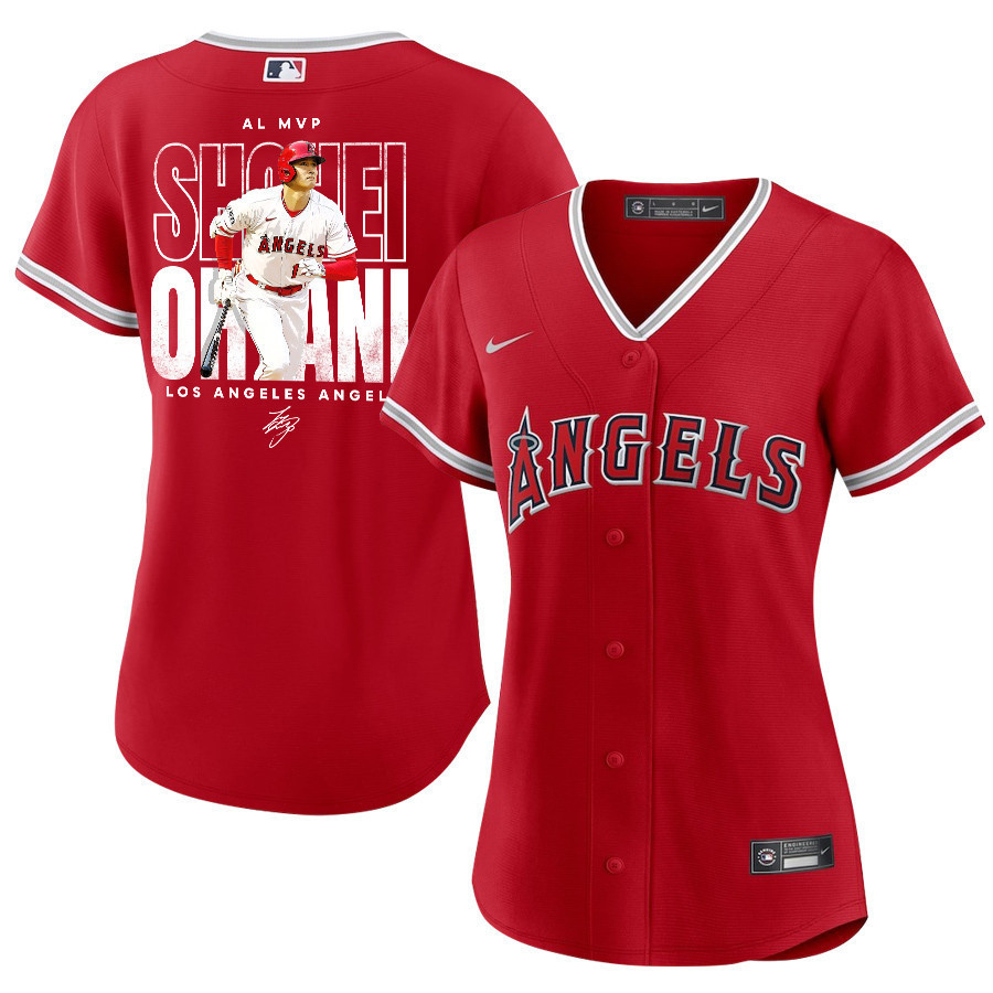 Shohei Ohtani 17 Los Angeles Angels Signed Name 2023 Alternate Player Women Baseball Jersey - Red 