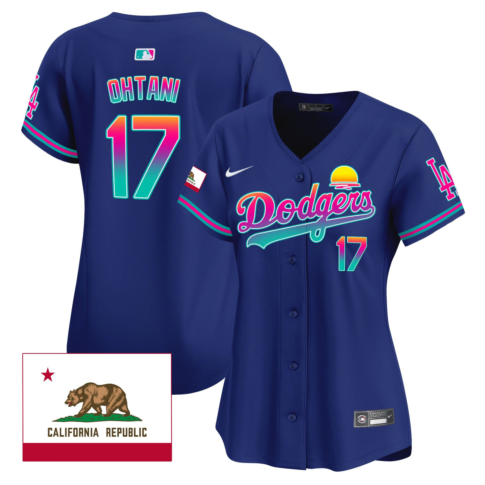 Shohei Ohtani 17 Los Angeles Dodgers 2024 Los Angeles City Style California Republic Patch Women Baseball Jersey - Royal 