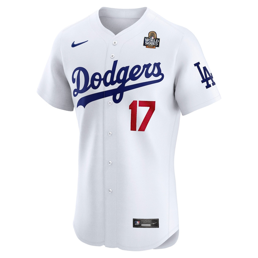 Alternative view of Shohei Ohtani 17 Los Angeles Dodgers 2024 World Series Home Elite Player Men Baseball Jersey - White 