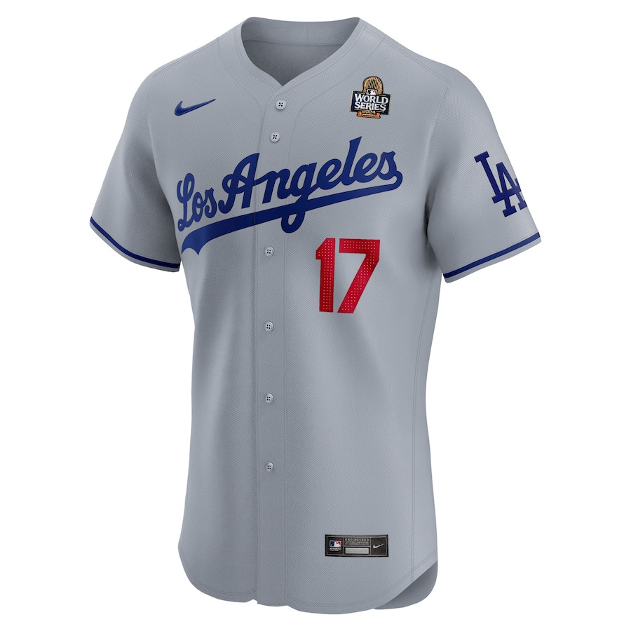 Alternative view of Shohei Ohtani 17 Los Angeles Dodgers 2024 World Series Road Elite Player Men Baseball Jersey - Gray 