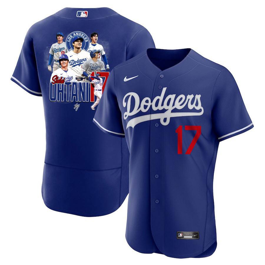 Shohei Ohtani 17 Los Angeles Dodgers Signed Collage Arts 2023 Alternate ELITE Men Baseball Jersey - Royal 