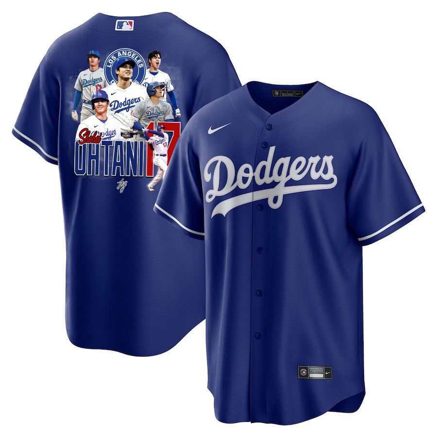 Shohei Ohtani 17 Los Angeles Dodgers Signed Collage Arts 2023 Alternate Men Baseball Jersey - Royal 