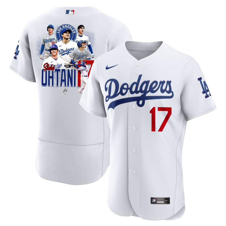 Shohei Ohtani 17 Los Angeles Dodgers Signed Collage Arts 2023 Home ELITE Men Baseball Jersey - White 