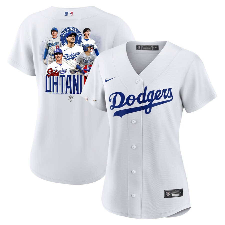 Shohei Ohtani 17 Los Angeles Dodgers Signed Collage Arts 2023 Home Women Baseball Jersey - White 