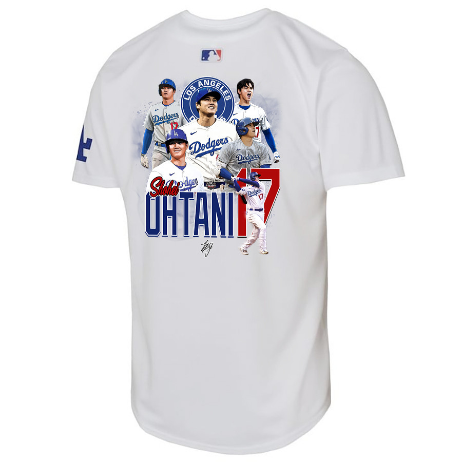 Alternative view of Shohei Ohtani 17 Los Angeles Dodgers Signed Collage Arts Youth Home Baseball Jersey - White 