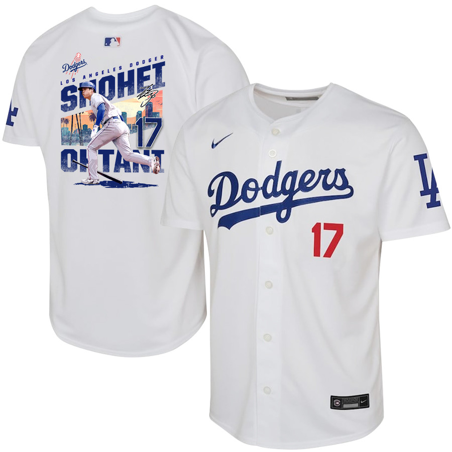 Shohei Ohtani 17 Los Angeles Dodgers Signed Homerun 2023 Youth Home Baseball Jersey - White 