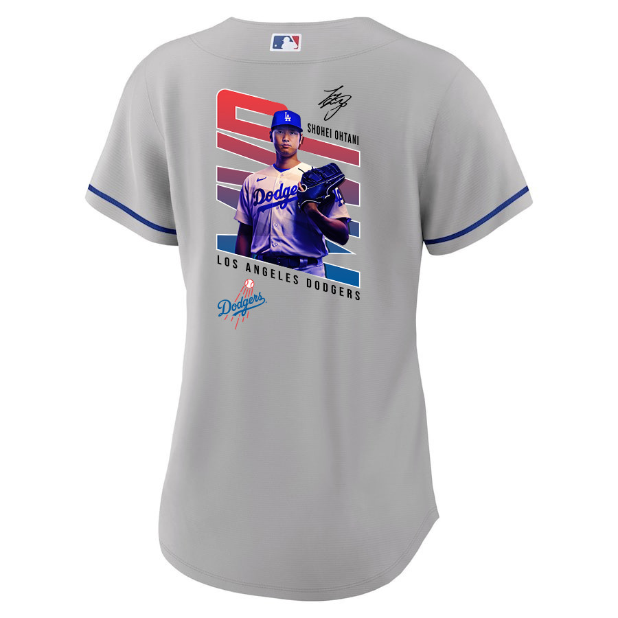 Alternative view of Shohei Ohtani 17 Los Angeles Dodgers Signed MVP 2023 Road Women Baseball Jersey - Gray 