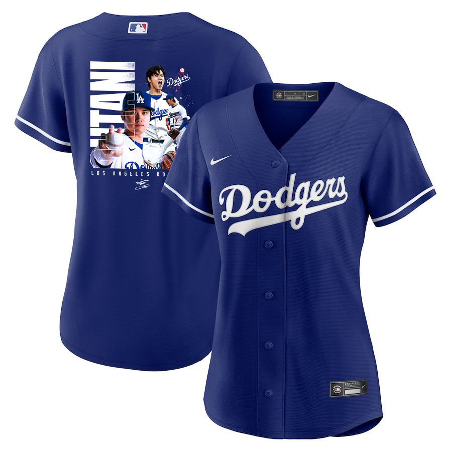 Shohei Ohtani 17 Los Angeles Dodgers Signed Name 2023 Alternate Women Baseball Jersey - Royal 