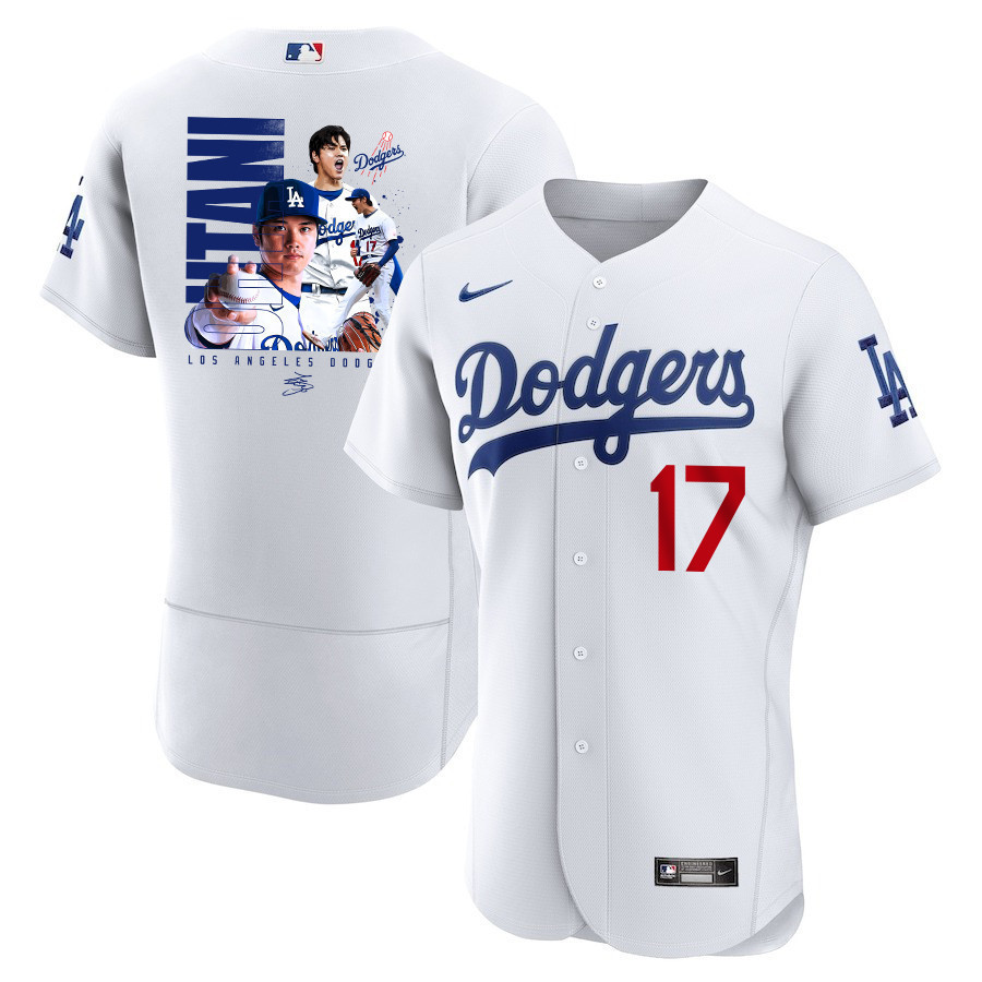 Shohei Ohtani 17 Los Angeles Dodgers Signed Name 2023 Home ELITE Baseball Jersey - Men White Baseball Jersey 