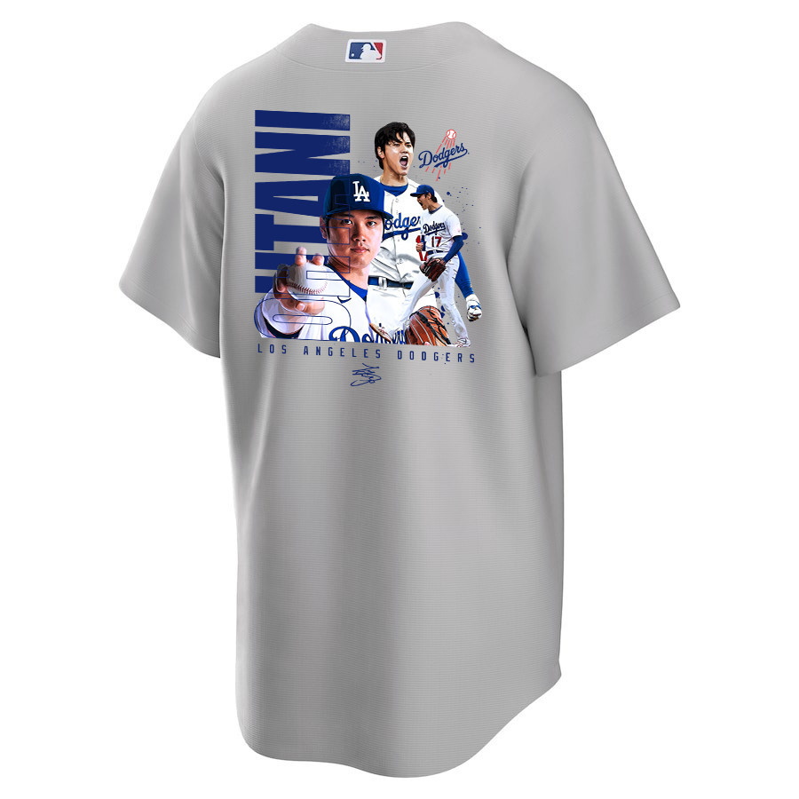Alternative view of Shohei Ohtani 17 Los Angeles Dodgers Signed Name 2023 Road Men Baseball Jersey - Gray 