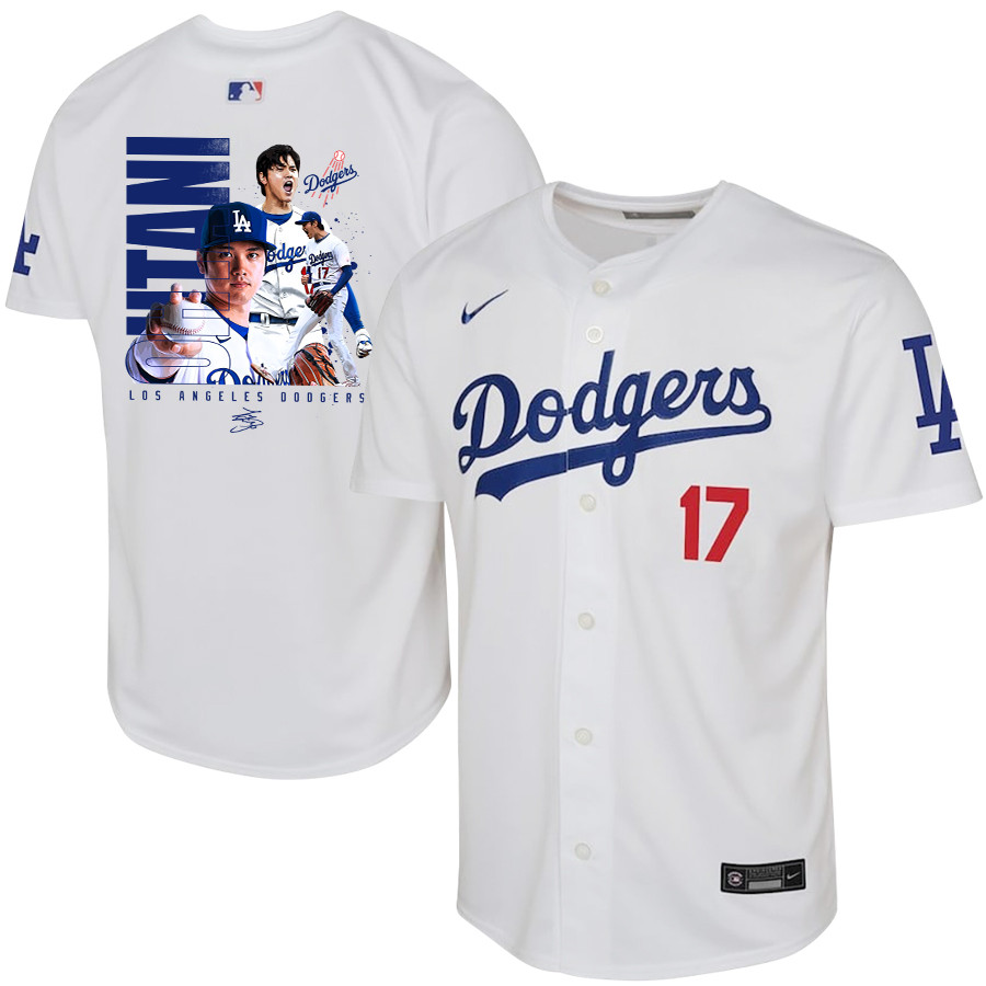 Shohei Ohtani 17 Los Angeles Dodgers Signed Name 2023 Youth Home Baseball Jersey - White 