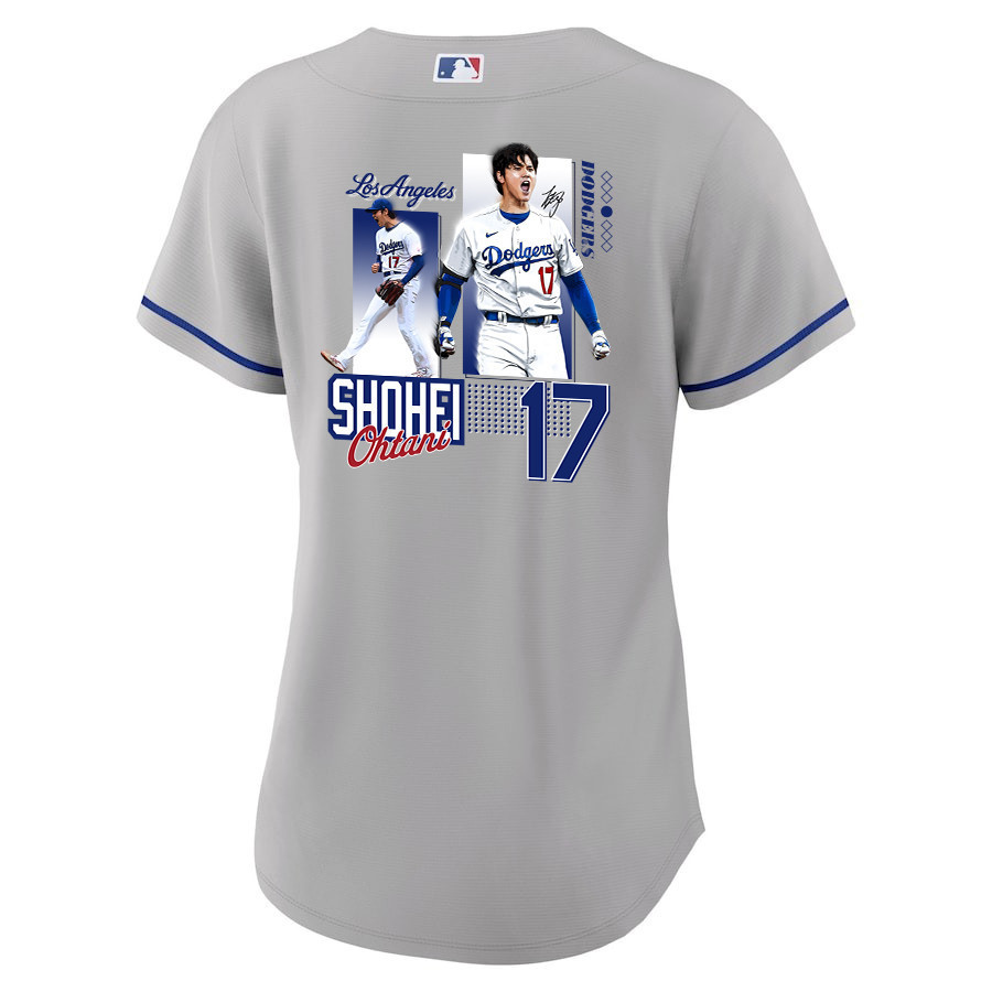 Alternative view of Shohei Ohtani 17 Los Angeles Dodgers Signed Welcome To The Sho Women Baseball Jersey - Gray 