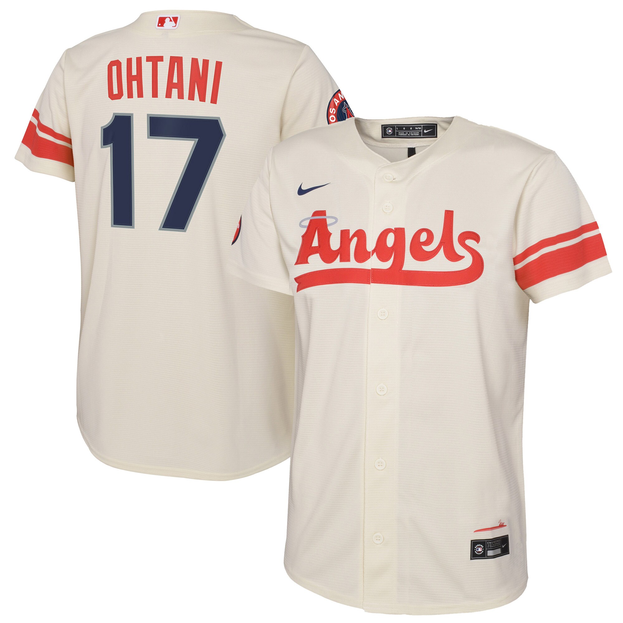 Alternative view of Shohei Ohtani Los Angeles Angels Youth 2022 City Connect Replica Player Baseball Jersey - Cream