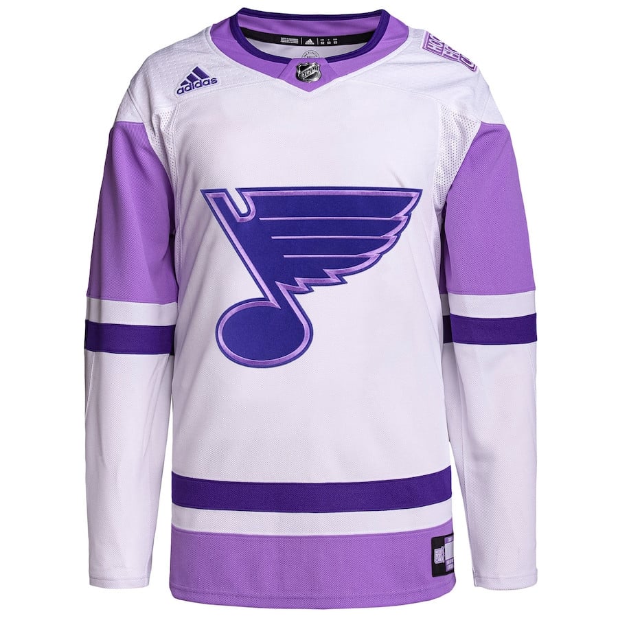 Alternative view of St. Louis Blues Hockey Fights Cancer Primegreen Custom Men Hockey Jersey - White/Purple - JS591 