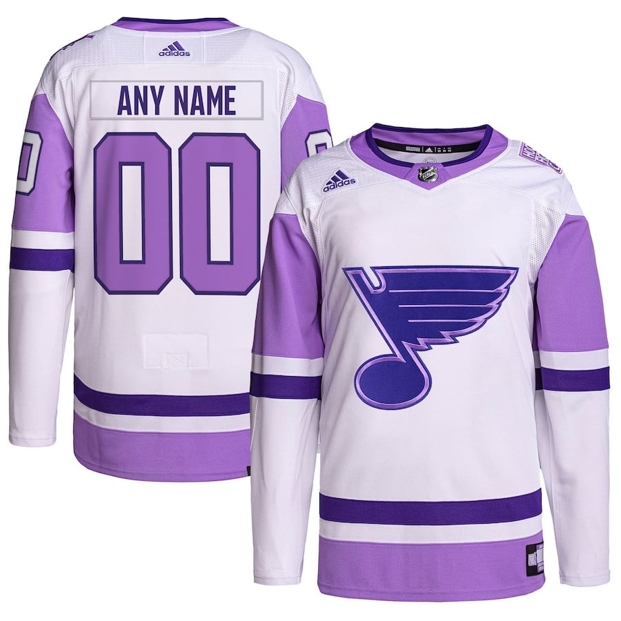 St. Louis Blues Hockey Fights Cancer Primegreen Custom Men Hockey Jersey - White/Purple - JS591 