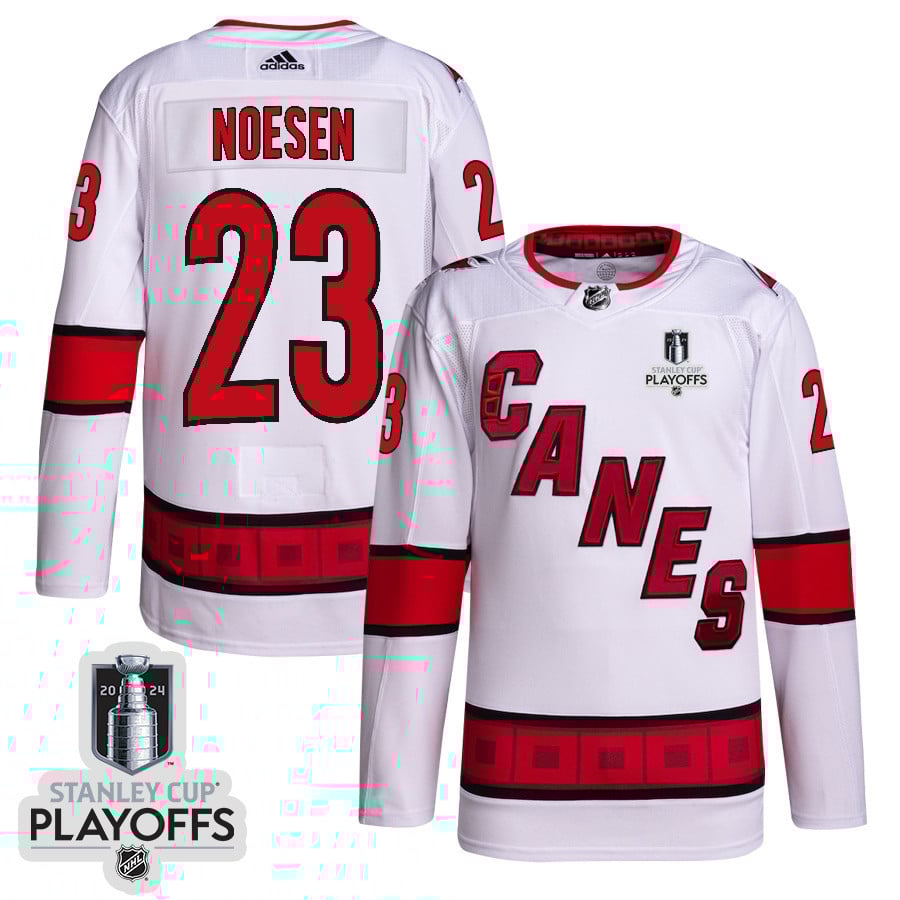 Stefan Noesen 23 Carolina Hurricanes 2024 NHL Playoffs Patch Away Hockey Jersey - Men, White - JS827 